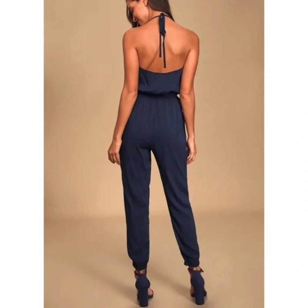 Lulus Learning to Fly Navy Blue Halter Jumpsuit M
